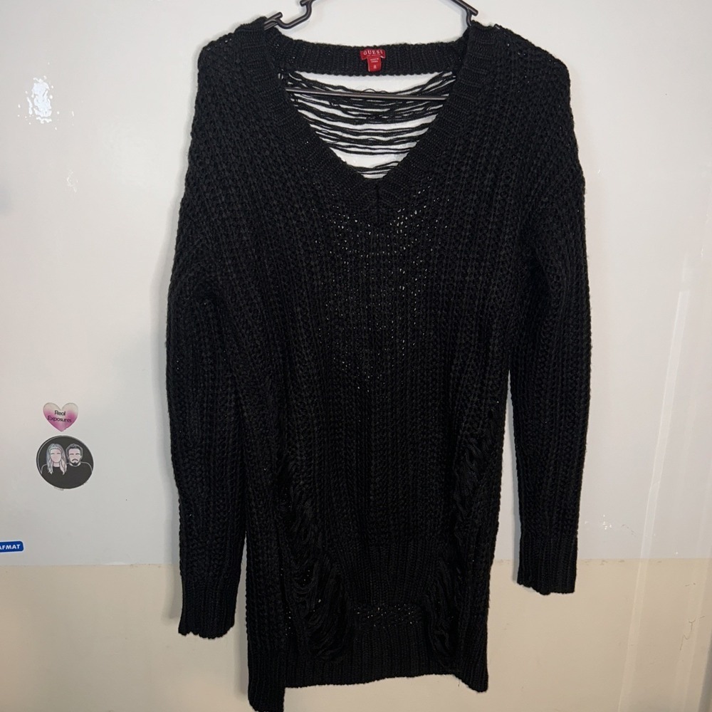 Guess Sweater Womens M Jet Black Destroyed Fringe V Neck Lightweight